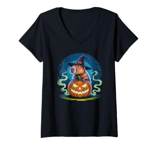 Damen Cute Capybara Halloween Costume Spooky Pumpkin T-Shirt mit V-Ausschnitt von Spooky Animal Squad