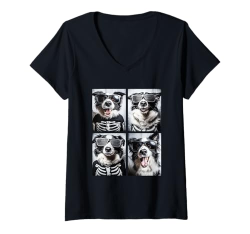 Damen Border Collie mit Sonnenbrille Halloween Skelett Kostüm Hund T-Shirt mit V-Ausschnitt Damen Border Collie mit Sonnenbrille Halloween Skelett Kostüm Hund T-Shirt mit V-Ausschnitt von Spooky Animals Halloween Clothing
