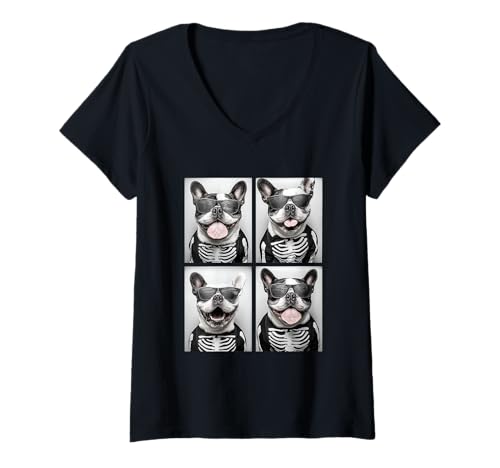 Damen Boston Terrier mit Sonnenbrille Skelett Kostüm Halloween T-Shirt mit V-Ausschnitt Damen Boston Terrier mit Sonnenbrille Skelett Kostüm Halloween T-Shirt mit V-Ausschnitt von Spooky Animals Halloween Clothing