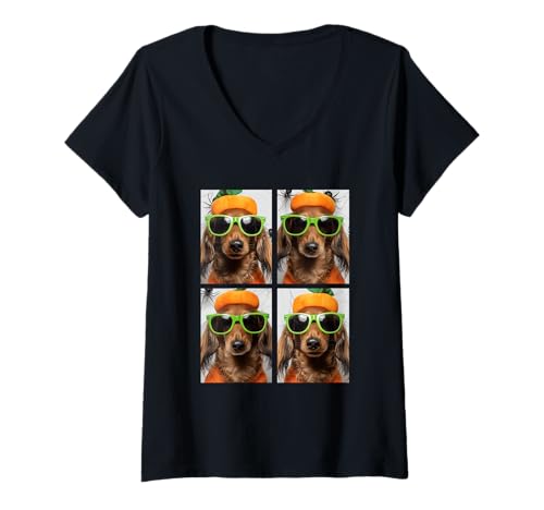 Damen Brauner Dackel mit Sonnenbrille Kürbis Kostüm Halloween T-Shirt mit V-Ausschnitt Damen Brauner Dackel mit Sonnenbrille Kürbis Kostüm Halloween T-Shirt mit V-Ausschnitt von Spooky Animals Halloween Clothing