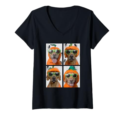 Damen Brauner Labrador mit Sonnenbrille Kürbis Kostüm Halloween T-Shirt mit V-Ausschnitt Damen Brauner Labrador mit Sonnenbrille Kürbis Kostüm Halloween T-Shirt mit V-Ausschnitt von Spooky Animals Halloween Clothing