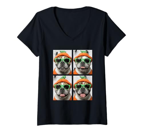 Damen Britische Bulldoggen mit Sonnenbrille Kürbis Kostüm Halloween T-Shirt mit V-Ausschnitt Damen Britische Bulldoggen mit Sonnenbrille Kürbis Kostüm Halloween T-Shirt mit V-Ausschnitt von Spooky Animals Halloween Clothing