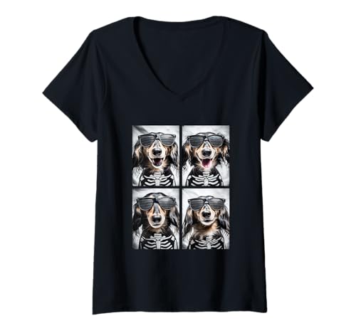 Damen Dackel mit Sonnenbrille Skelett Kostüm Halloween Hunde T-Shirt mit V-Ausschnitt Damen Dackel mit Sonnenbrille Skelett Kostüm Halloween Hunde T-Shirt mit V-Ausschnitt von Spooky Animals Halloween Clothing