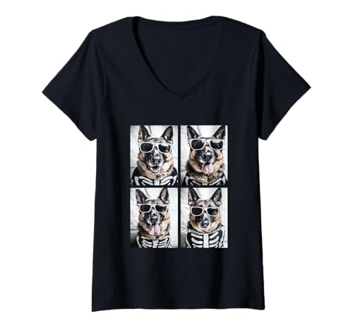 Damen Deutscher Schäferhund mit Sonnenbrille Halloween Skelett Kostüm T-Shirt mit V-Ausschnitt Damen Deutscher Schäferhund mit Sonnenbrille Halloween Skelett Kostüm T-Shirt mit V-Ausschnitt von Spooky Animals Halloween Clothing