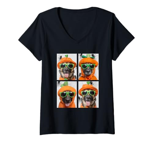 Damen Deutscher Schäferhund mit Sonnenbrille Kürbis Kostüm Halloween T-Shirt mit V-Ausschnitt Damen Deutscher Schäferhund mit Sonnenbrille Kürbis Kostüm Halloween T-Shirt mit V-Ausschnitt von Spooky Animals Halloween Clothing