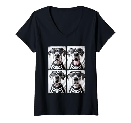 Damen Doggen mit Sonnenbrille Skelett Kostüm Halloween Hunde T-Shirt mit V-Ausschnitt Damen Doggen mit Sonnenbrille Skelett Kostüm Halloween Hunde T-Shirt mit V-Ausschnitt von Spooky Animals Halloween Clothing