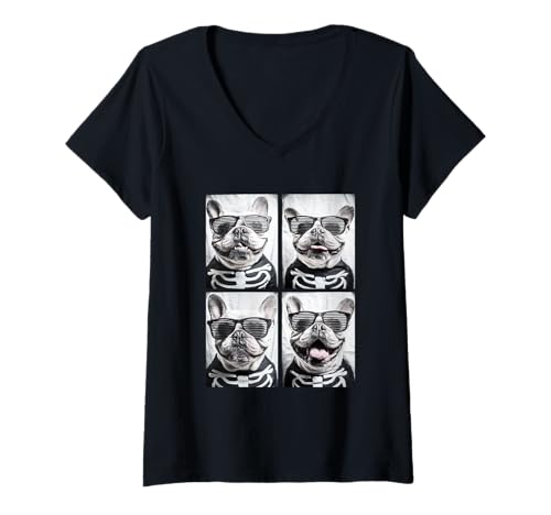 Damen Französische Bulldoggen mit Sonnenbrille Halloween Skelett Kostüm T-Shirt mit V-Ausschnitt Damen Französische Bulldoggen mit Sonnenbrille Halloween Skelett Kostüm T-Shirt mit V-Ausschnitt von Spooky Animals Halloween Clothing