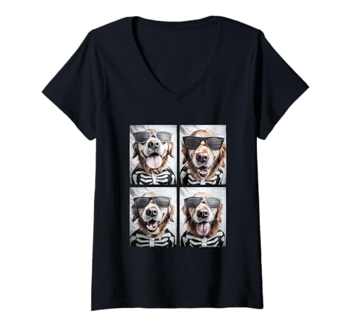Damen Golden Retrievers mit Sonnenbrille Skelett Kostüm Halloween T-Shirt mit V-Ausschnitt von Spooky Animals Halloween Clothing