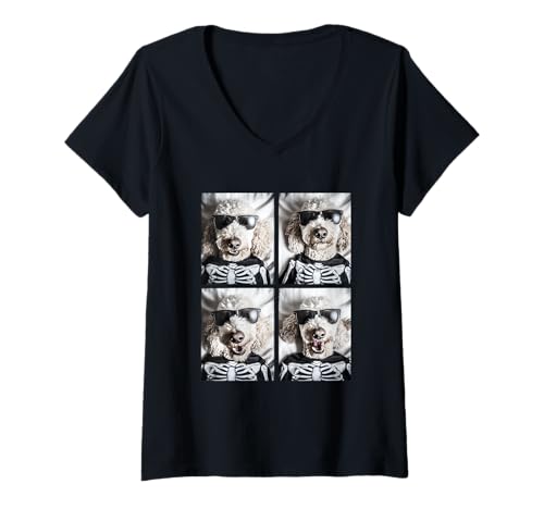 Damen Goldendoodle mit Sonnenbrille Skelett Kostüm Halloween Hunde T-Shirt mit V-Ausschnitt von Spooky Animals Halloween Clothing