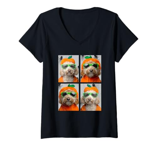 Damen Goldendoodles mit Sonnenbrille Kürbis Kostüm Halloween Hunde T-Shirt mit V-Ausschnitt von Spooky Animals Halloween Clothing