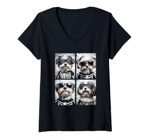 Damen Havaneser Hunde mit Sonnenbrille Halloween Skelett Kostüm T-Shirt mit V-Ausschnitt Damen Havaneser Hunde mit Sonnenbrille Halloween Skelett Kostüm T-Shirt mit V-Ausschnitt von Spooky Animals Halloween Clothing