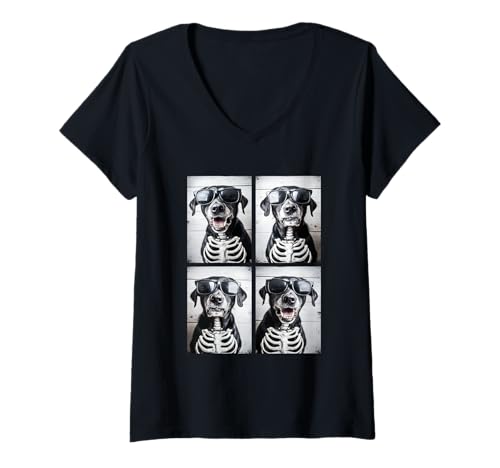 Damen Labrador mit Sonnenbrille Skelett Kostüm Halloween Hunde T-Shirt mit V-Ausschnitt von Spooky Animals Halloween Clothing