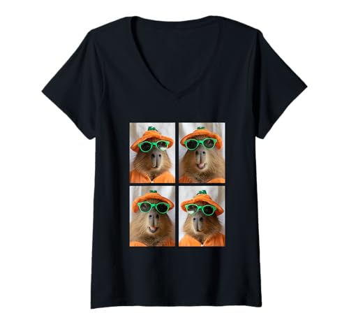 Damen Lustige Capybaras mit Sonnenbrille Halloween Kürbis Kostüm T-Shirt mit V-Ausschnitt Damen Lustige Capybaras mit Sonnenbrille Halloween Kürbis Kostüm T-Shirt mit V-Ausschnitt von Spooky Animals Halloween Clothing