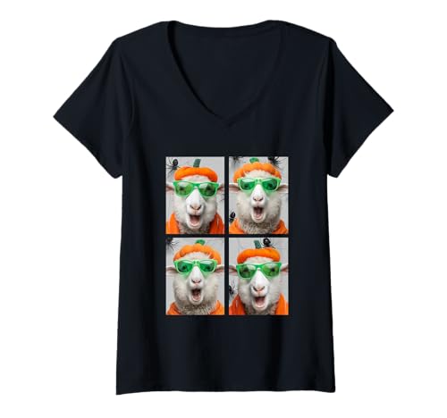 Damen Lustiges Schaf mit Sonnenbrille Kürbis Kostüm Halloween Tier T-Shirt mit V-Ausschnitt von Spooky Animals Halloween Clothing