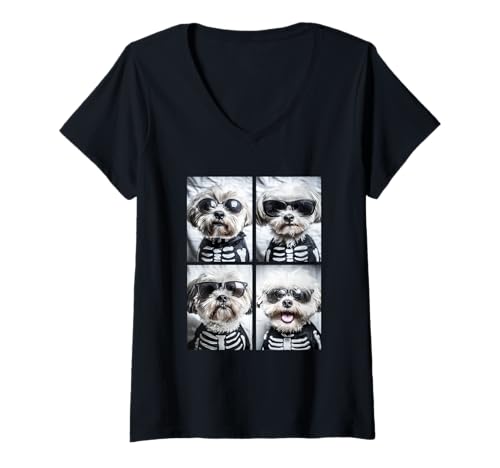 Damen Malteser mit Sonnenbrille Skelett Kostüm Lustig Halloween T-Shirt mit V-Ausschnitt Damen Malteser mit Sonnenbrille Skelett Kostüm Lustig Halloween T-Shirt mit V-Ausschnitt von Spooky Animals Halloween Clothing