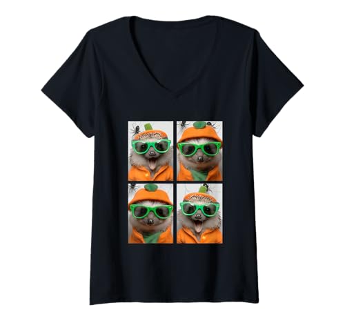 Damen Niedliche Igel mit Sonnenbrille Kürbis Kostüm Halloween T-Shirt mit V-Ausschnitt Damen Niedliche Igel mit Sonnenbrille Kürbis Kostüm Halloween T-Shirt mit V-Ausschnitt von Spooky Animals Halloween Clothing