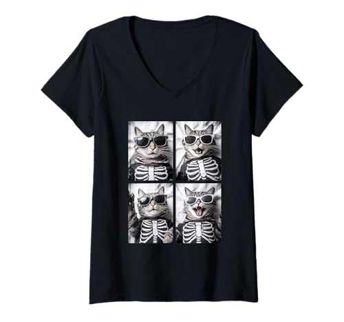 Damen Niedliche Katze mit Sonnenbrille Skelett Kostüm Lustiges Halloween T-Shirt mit V-Ausschnitt von Spooky Animals Halloween Clothing