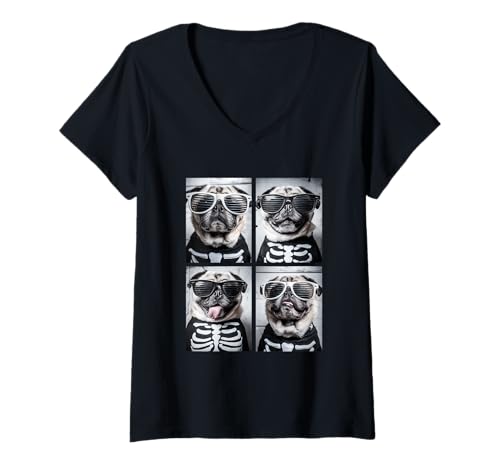 Damen Niedliche Mops mit Sonnenbrille Skelett Kostüm Lustig Halloween T-Shirt mit V-Ausschnitt Damen Niedliche Mops mit Sonnenbrille Skelett Kostüm Lustig Halloween T-Shirt mit V-Ausschnitt von Spooky Animals Halloween Clothing