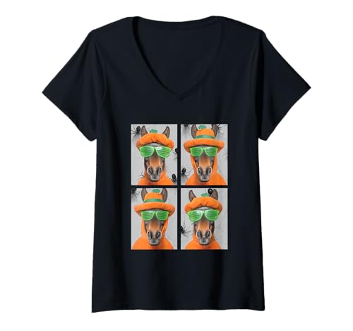 Damen Niedliche Pferde mit Sonnenbrille Kürbis Kostüm Lustig Halloween T-Shirt mit V-Ausschnitt von Spooky Animals Halloween Clothing