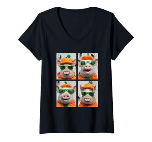 Damen Niedliche Schweine mit Sonnenbrille Kürbis Kostüm Halloween T-Shirt mit V-Ausschnitt Damen Niedliche Schweine mit Sonnenbrille Kürbis Kostüm Halloween T-Shirt mit V-Ausschnitt von Spooky Animals Halloween Clothing