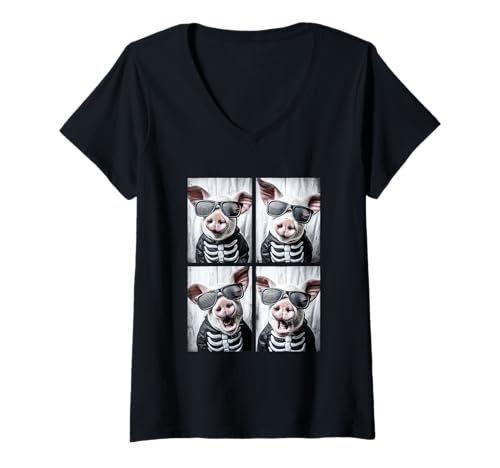 Damen Niedliche Schweine mit Sonnenbrille Skelett Kostüm Halloween T-Shirt mit V-Ausschnitt Damen Niedliche Schweine mit Sonnenbrille Skelett Kostüm Halloween T-Shirt mit V-Ausschnitt von Spooky Animals Halloween Clothing