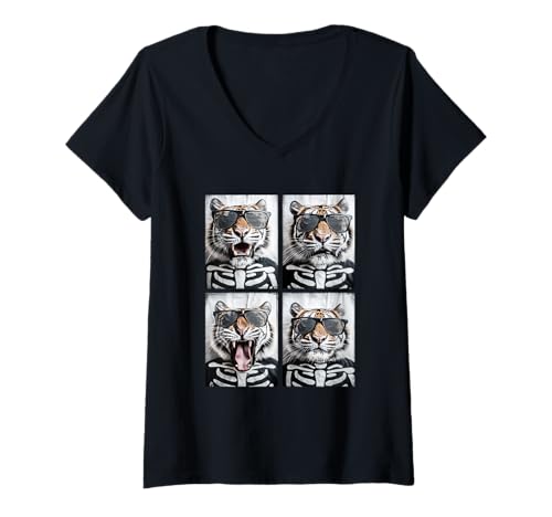 Damen Niedliche Tiger mit Sonnenbrille Skelett Kostüm Lustig Halloween T-Shirt mit V-Ausschnitt von Spooky Animals Halloween Clothing