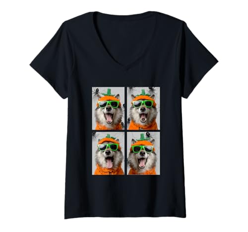 Damen Niedliche Wölfe mit Sonnenbrille Kürbis Kostüm Lustig Halloween T-Shirt mit V-Ausschnitt von Spooky Animals Halloween Clothing