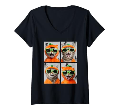 Damen Niedliche getigerte Katzen mit Sonnenbrille Kürbis Kostüm Halloween T-Shirt mit V-Ausschnitt Damen Niedliche getigerte Katzen mit Sonnenbrille Kürbis Kostüm Halloween T-Shirt mit V-Ausschnitt von Spooky Animals Halloween Clothing