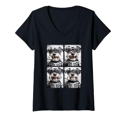 Damen Niedlicher Schnauzer mit Sonnenbrille Halloween Skelett Kostüm T-Shirt mit V-Ausschnitt Damen Niedlicher Schnauzer mit Sonnenbrille Halloween Skelett Kostüm T-Shirt mit V-Ausschnitt von Spooky Animals Halloween Clothing