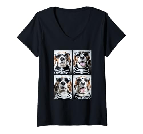Damen Niedliches Beagles mit Sonnenbrille Skelett Kostüm Halloween Hunde T-Shirt mit V-Ausschnitt von Spooky Animals Halloween Clothing