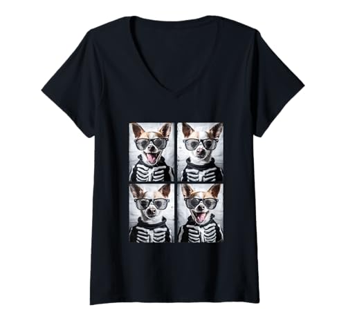 Damen Niedliches Chihuahuas mit Sonnenbrille Halloween Skelett Kostüm T-Shirt mit V-Ausschnitt von Spooky Animals Halloween Clothing