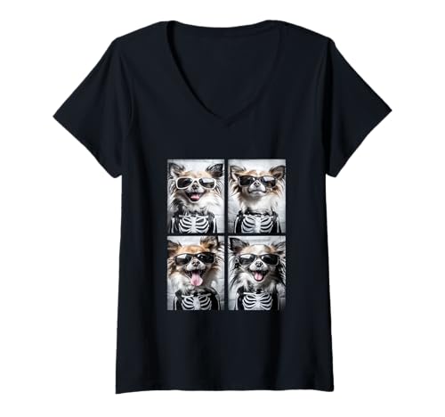 Damen Niedliches Chihuahuas mit Sonnenbrille Halloween Skelett Kostüm T-Shirt mit V-Ausschnitt von Spooky Animals Halloween Clothing