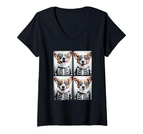 Damen Niedliches Corgis mit Sonnenbrille Skelett Kostüm Halloween Hunde T-Shirt mit V-Ausschnitt Damen Niedliches Corgis mit Sonnenbrille Skelett Kostüm Halloween Hunde T-Shirt mit V-Ausschnitt von Spooky Animals Halloween Clothing
