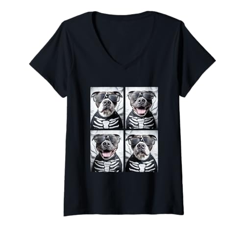Damen Pit Bulls Terrier mit Sonnenbrille Halloween Skelett Kostüm T-Shirt mit V-Ausschnitt Damen Pit Bulls Terrier mit Sonnenbrille Halloween Skelett Kostüm T-Shirt mit V-Ausschnitt von Spooky Animals Halloween Clothing