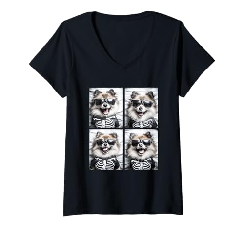 Damen Pomeranians with Sunglasses Halloween Skelett Costume Pome T-Shirt mit V-Ausschnitt von Spooky Animals Halloween Clothing