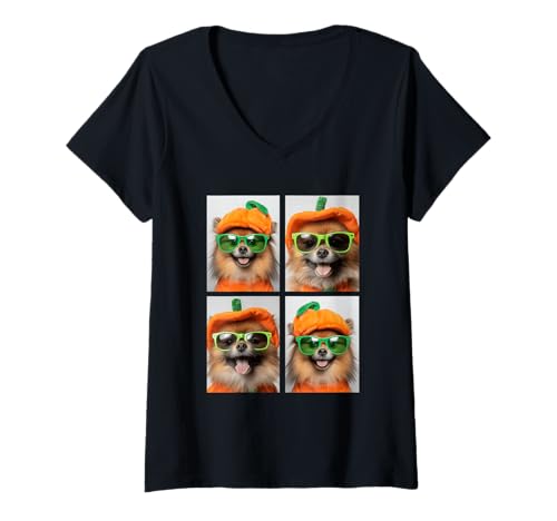 Damen Pommern mit Sonnenbrille Kürbiskostüm Halloween-Hunde T-Shirt mit V-Ausschnitt Damen Pommern mit Sonnenbrille Kürbiskostüm Halloween-Hunde T-Shirt mit V-Ausschnitt von Spooky Animals Halloween Clothing