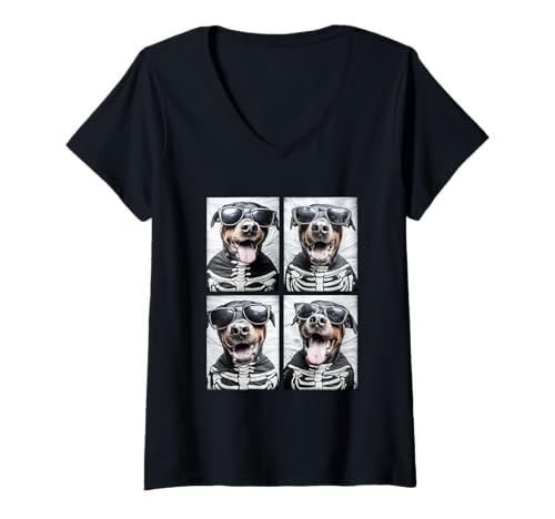 Damen Rottweilers mit Sonnenbrille Skelett Kostüm Halloween Hunde T-Shirt mit V-Ausschnitt Damen Rottweilers mit Sonnenbrille Skelett Kostüm Halloween Hunde T-Shirt mit V-Ausschnitt von Spooky Animals Halloween Clothing