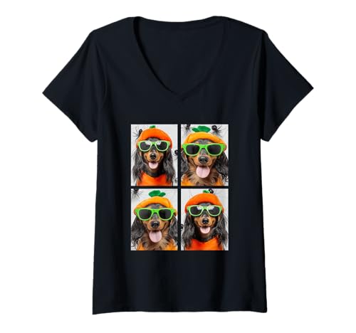 Damen Schwarze Dackel mit Sonnenbrille Kürbis Kostüm Halloween T-Shirt mit V-Ausschnitt Damen Schwarze Dackel mit Sonnenbrille Kürbis Kostüm Halloween T-Shirt mit V-Ausschnitt von Spooky Animals Halloween Clothing