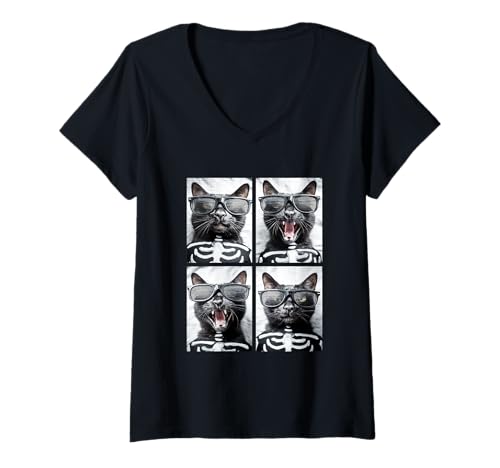 Damen Schwarze Katzen mit Sonnenbrille Skelett Kostüm Lustiges Halloween T-Shirt mit V-Ausschnitt Damen Schwarze Katzen mit Sonnenbrille Skelett Kostüm Lustiges Halloween T-Shirt mit V-Ausschnitt von Spooky Animals Halloween Clothing