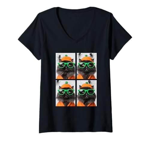 Damen Schwarze Perserkatzen mit Sonnenbrille Kürbis Kostüm Halloween T-Shirt mit V-Ausschnitt Damen Schwarze Perserkatzen mit Sonnenbrille Kürbis Kostüm Halloween T-Shirt mit V-Ausschnitt von Spooky Animals Halloween Clothing