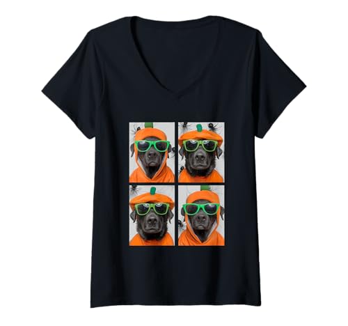 Damen Schwarzer Labrador mit Sonnenbrille Kürbis Kostüm Halloween T-Shirt mit V-Ausschnitt Damen Schwarzer Labrador mit Sonnenbrille Kürbis Kostüm Halloween T-Shirt mit V-Ausschnitt von Spooky Animals Halloween Clothing
