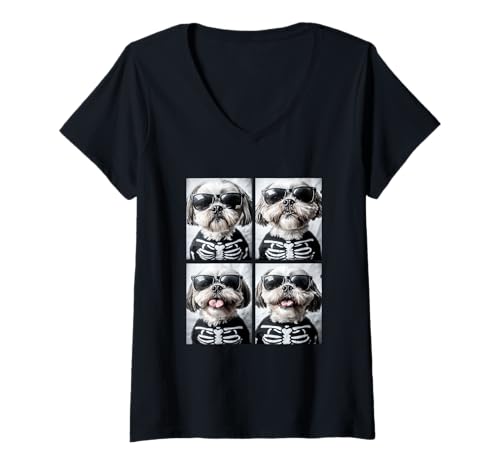Damen Shih Tzus Hunde mit Sonnenbrille Halloween Skelett Kostüm T-Shirt mit V-Ausschnitt Damen Shih Tzus Hunde mit Sonnenbrille Halloween Skelett Kostüm T-Shirt mit V-Ausschnitt von Spooky Animals Halloween Clothing
