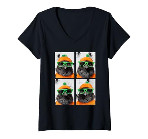 Damen Süße Krähen mit Sonnenbrille Kürbis Kostüm Lustig Halloween T-Shirt mit V-Ausschnitt von Spooky Animals Halloween Clothing