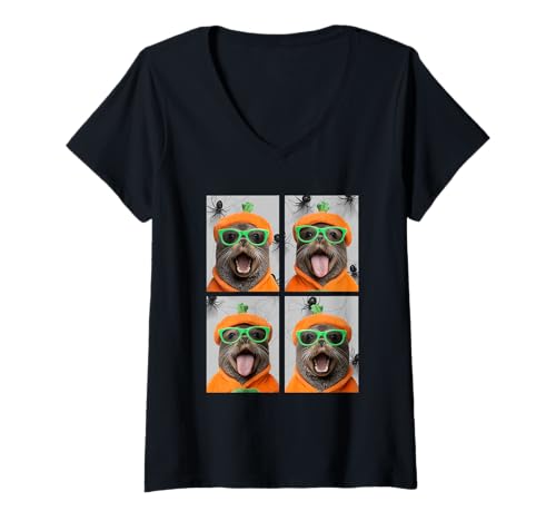 Damen Süße Robben mit Sonnenbrille Kürbis Kostüm Lustig Halloween T-Shirt mit V-Ausschnitt Damen Süße Robben mit Sonnenbrille Kürbis Kostüm Lustig Halloween T-Shirt mit V-Ausschnitt von Spooky Animals Halloween Clothing
