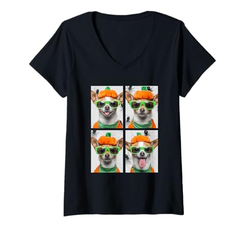 Damen Süßes Chihuahuas mit Sonnenbrille Halloween Kürbis Kostüm T-Shirt mit V-Ausschnitt Damen Süßes Chihuahuas mit Sonnenbrille Halloween Kürbis Kostüm T-Shirt mit V-Ausschnitt von Spooky Animals Halloween Clothing
