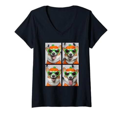 Damen Süßes Corgis mit Sonnenbrille Kürbis Kostüm Halloween Hunde T-Shirt mit V-Ausschnitt Damen Süßes Corgis mit Sonnenbrille Kürbis Kostüm Halloween Hunde T-Shirt mit V-Ausschnitt von Spooky Animals Halloween Clothing
