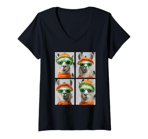 Damen Süßes Lamas mit Sonnenbrille Kürbis Kostüm Lustig Halloween T-Shirt mit V-Ausschnitt Damen Süßes Lamas mit Sonnenbrille Kürbis Kostüm Lustig Halloween T-Shirt mit V-Ausschnitt von Spooky Animals Halloween Clothing