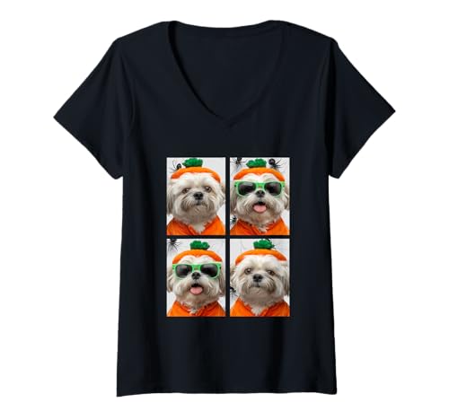 Damen Süßes Malteser mit Sonnenbrille Kürbis Kostüm Halloween Hunde T-Shirt mit V-Ausschnitt Damen Süßes Malteser mit Sonnenbrille Kürbis Kostüm Halloween Hunde T-Shirt mit V-Ausschnitt von Spooky Animals Halloween Clothing