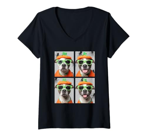 Damen Süßes Pit Bulls mit Sonnenbrille Kürbis Kostüm Halloween T-Shirt mit V-Ausschnitt von Spooky Animals Halloween Clothing