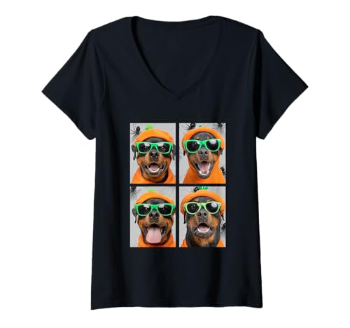 Damen Süßes Rottweiler mit Sonnenbrille Kürbis Kostüm Halloween T-Shirt mit V-Ausschnitt Damen Süßes Rottweiler mit Sonnenbrille Kürbis Kostüm Halloween T-Shirt mit V-Ausschnitt von Spooky Animals Halloween Clothing